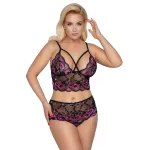 Cottelli Plus Size - virágos melltartó szett (fekete-lila)