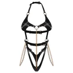 Obsessive Anyya - láncos bőrhatásű pántos body (fekete)