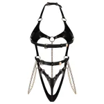 Obsessive Anyya - láncos bőrhatásű pántos body (fekete)